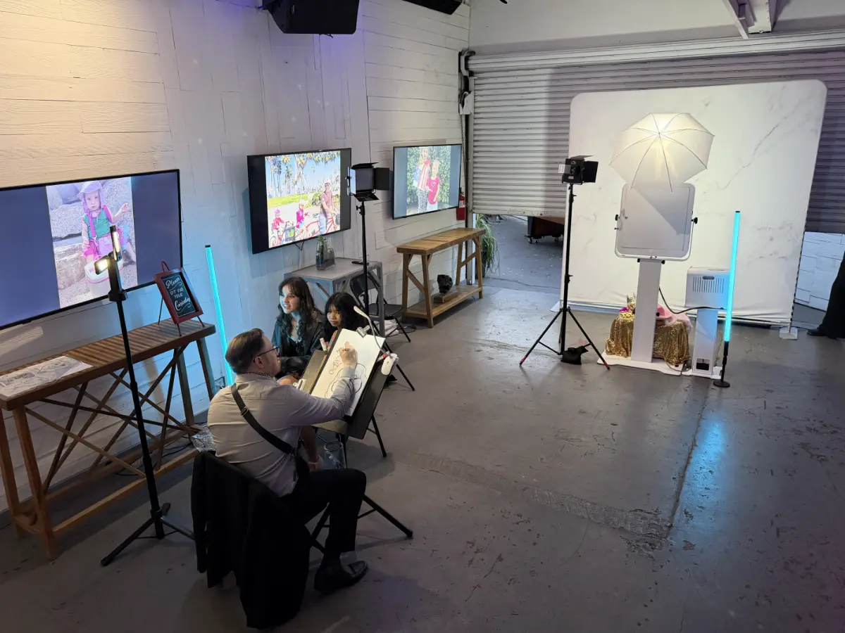 Live caricature artist performing at a Bar Mitzvah event space in West Adams.