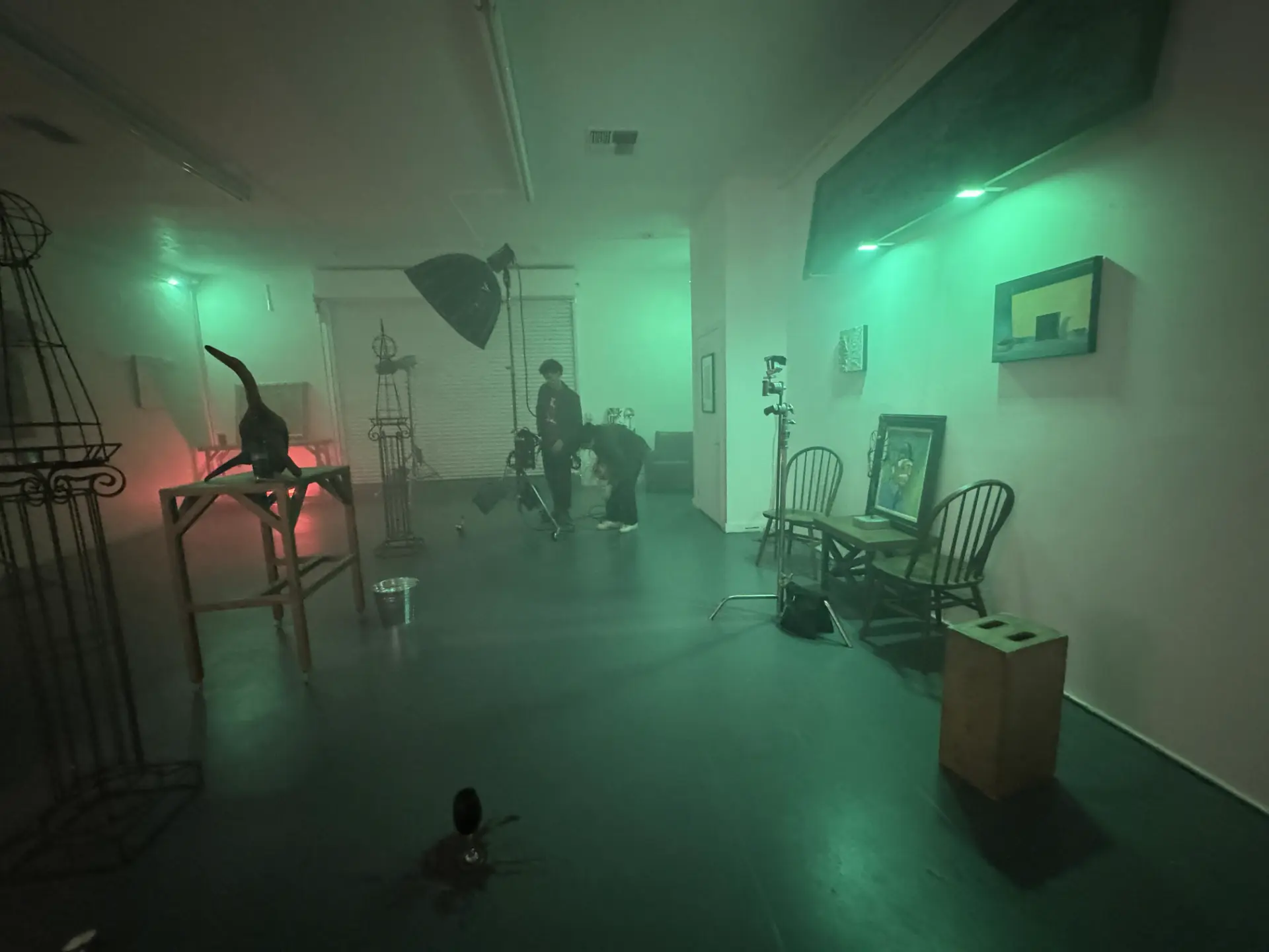 Professional film and photography studio in Baldwin Hills featuring green ambient lighting for premium creative production sets.