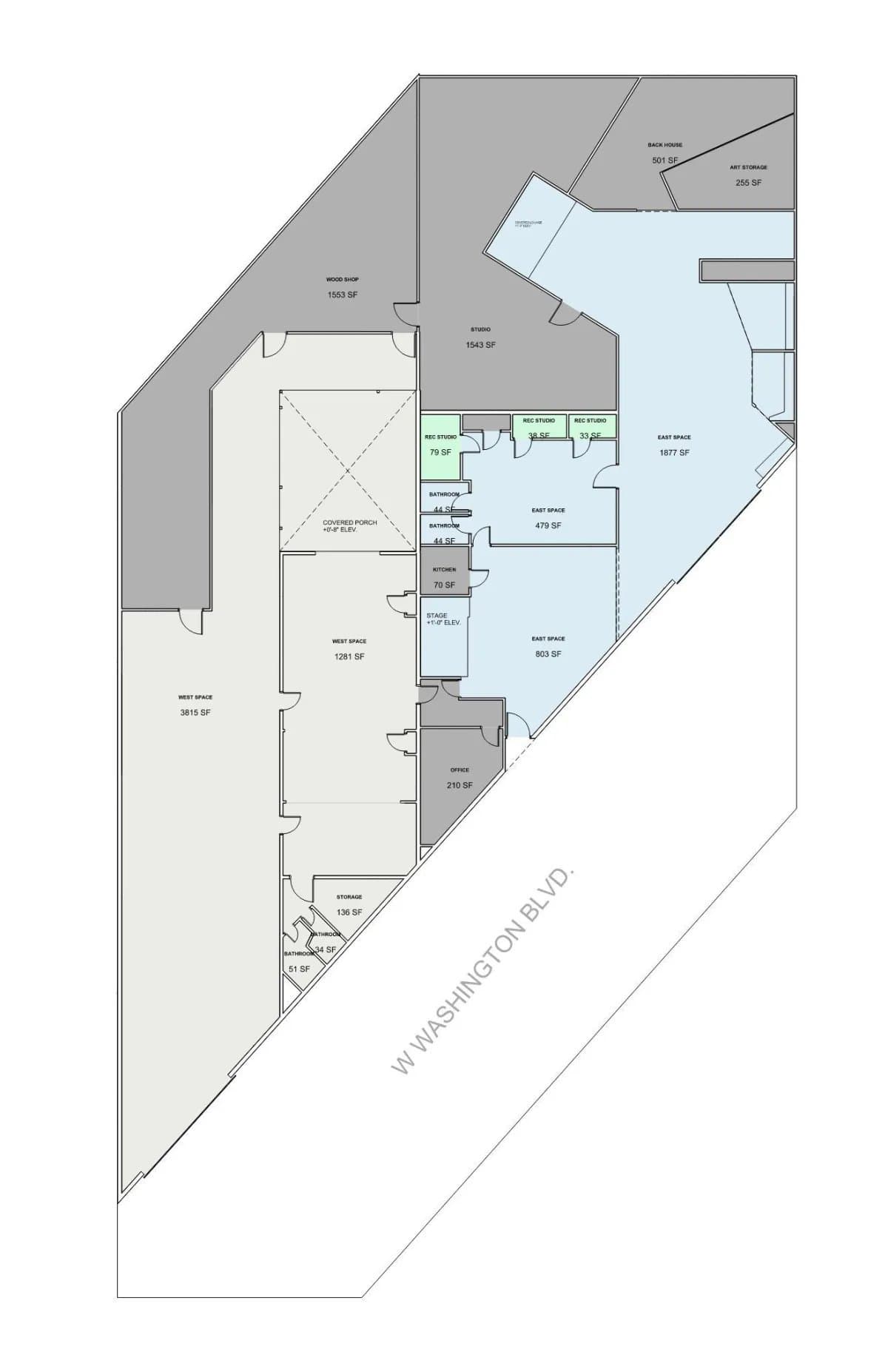 Art and Space LA floor plan — 10,000 sq ft event venue layout with indoor gallery and outdoor patio, Mid-City Los Angeles