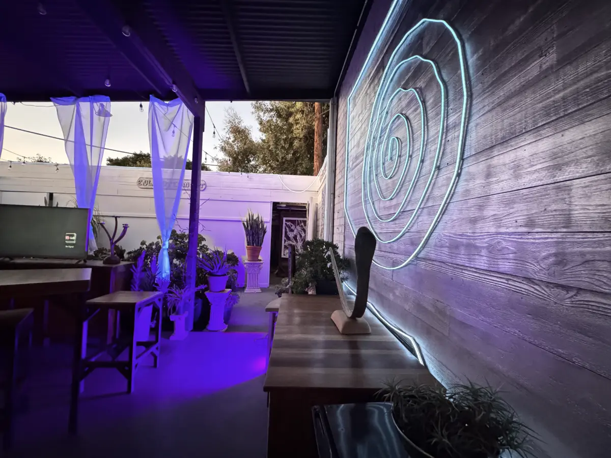 Modern neon spiral art at a premium memorial event space in Los Angeles providing a contemporary atmosphere for life celebrations.