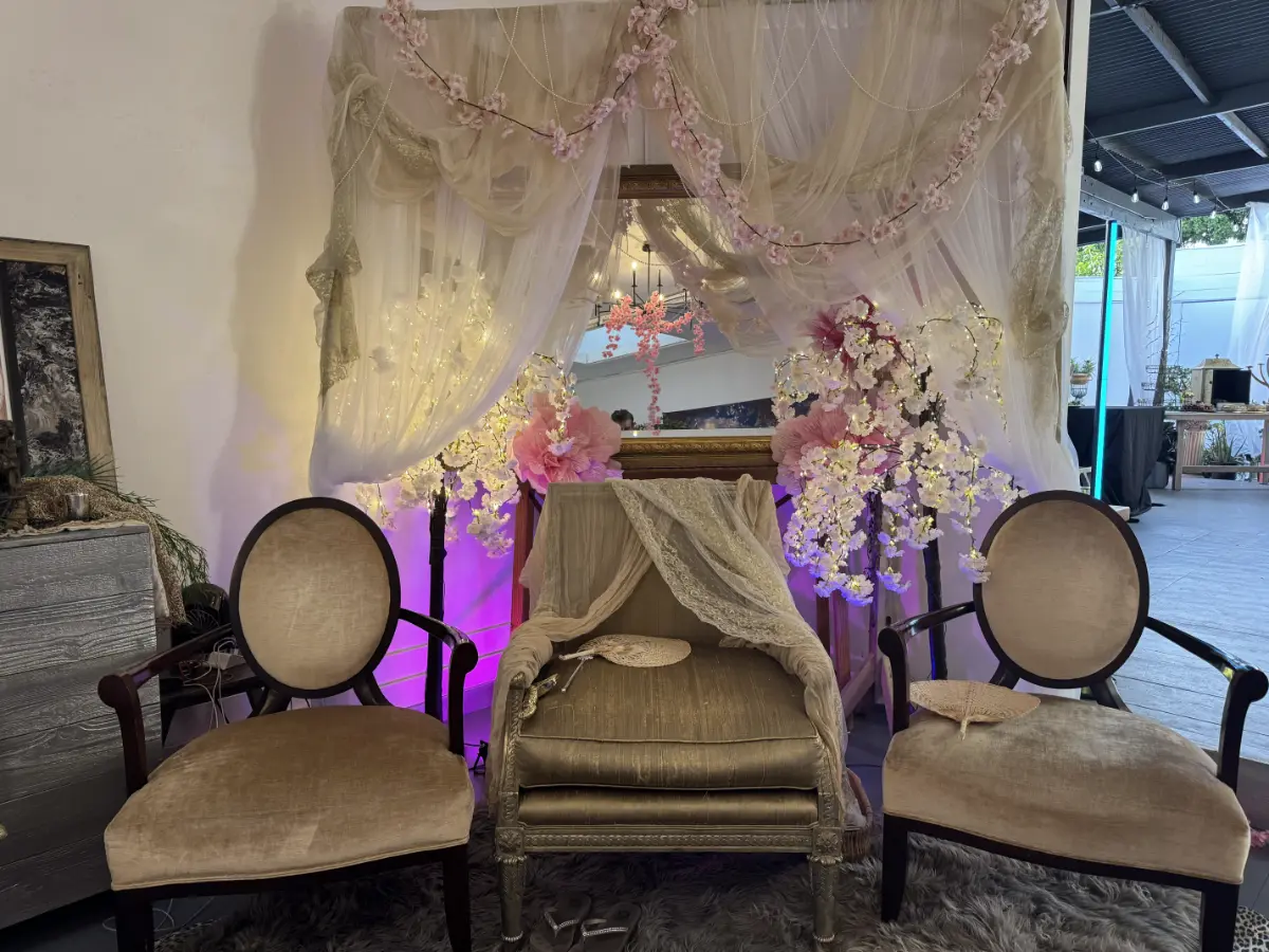 Stylish birthday party event space in West Hollywood with modern decor and vibrant lighting.
