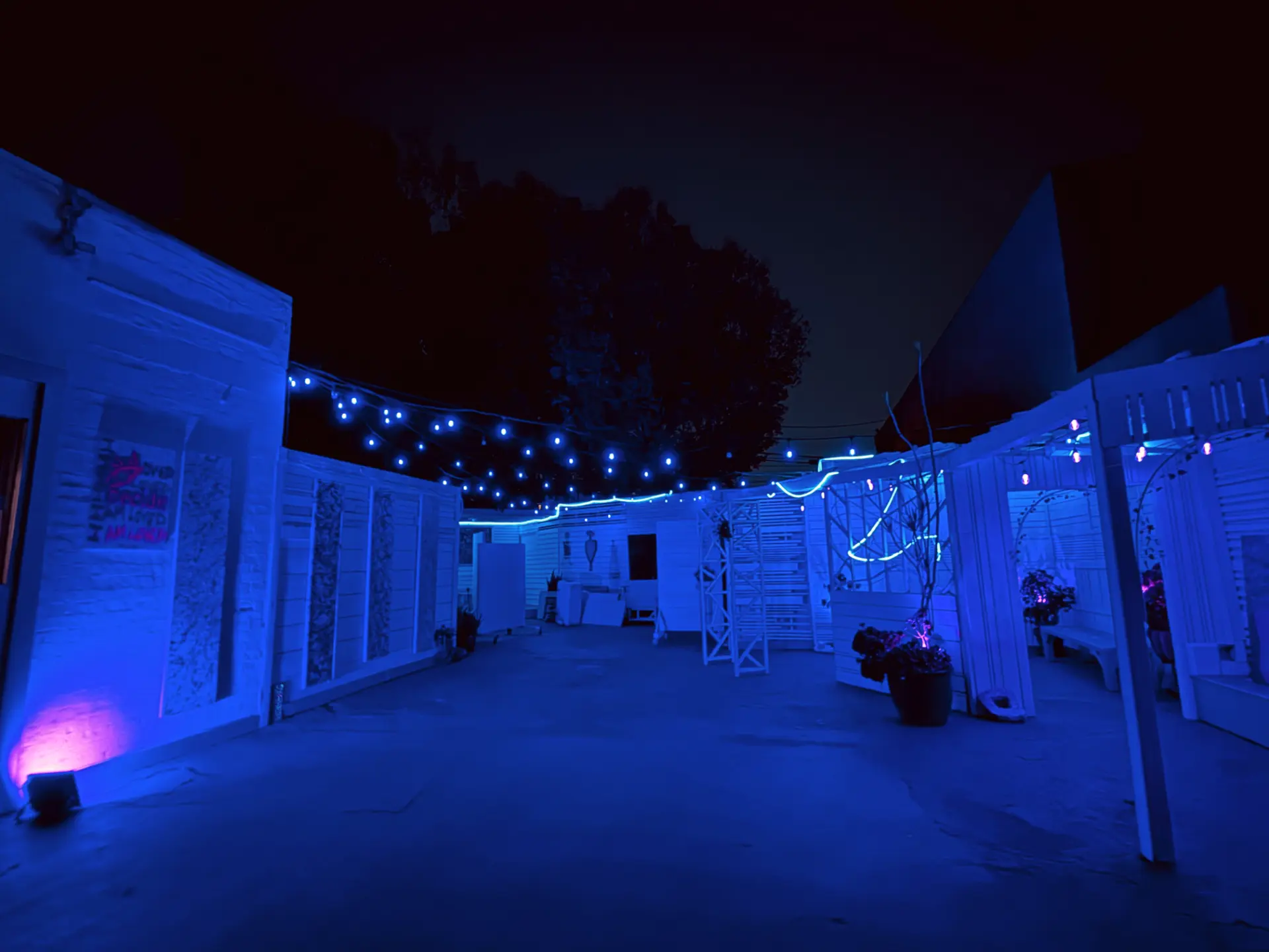Night view of outdoor patio courtyard for a premium kids birthday party venue in Mar Vista offering private milestone celebrations.